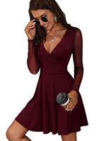 1 x RAW Customer Returns GORGLITTER Women s Mesh Sleeve Dresses A Line Deep V-Neck Elegant Mini Dress Mesh Party Dress Skater Dress Bordeaux S - RRP €37.3