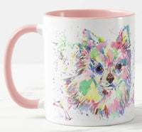 1 x Brand New Vixar Colorful Long Haired Chihuahua Mug with Watercolor - Birthday, Work, Christmas Gift, Tea, Coffee Mug Pink  - RRP €22.8