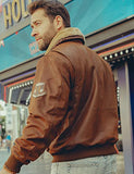 1 x RAW Customer Returns FLAVOR Genuine Leather Jacket Men Air Force Bomber Brown, XL  - RRP €191.59