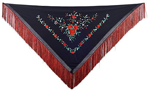 1 x RAW Customer Returns La Se orita Scarf belt chale manton de manila Flamenco dance black rose red double fringe - RRP €26.53