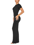 1 x RAW Customer Returns REORIA Women s Summer Sexy Casual Lounge Long Dress Elegant Wedding Guest Short Sleeve Round Neck Bodycon Maxi Dress Black M - RRP €33.01