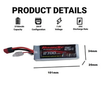 1 x RAW Customer Returns ROARINGTOP 2S Lipo Battery, 7.4v 2700mah RC Lipo Batteries 25C with Deans T Plug Compatible with WLtoys 104009 104002 104072 124017 124018 1 10 1 12 RC Car Truck Truggy with 2 USB Charger 2 Pack  - RRP €32.99