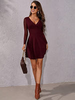 1 x RAW Customer Returns GORGLITTER Women s Mesh Sleeve Dresses A Line Deep V-Neck Elegant Mini Dress Mesh Party Dress Skater Dress Bordeaux S - RRP €37.3