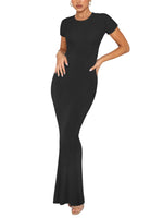 1 x RAW Customer Returns REORIA Women s Summer Sexy Casual Lounge Long Dress Elegant Wedding Guest Short Sleeve Round Neck Bodycon Maxi Dress Black M - RRP €33.01