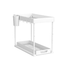 1 x RAW Customer Returns SKYSER Under Sink Shelf Kitchen 2 Tier Drawer Organizer Liftable Cabinet with 4 Hooks, 8 Non-Slip Pads 1 Hanging Cup Storage, Made of Plastic White  - RRP €23.59