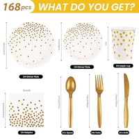 2 x Brand New 168 Pieces White and Gold Party Tableware Set Plates Napkins Cups Straws Spoons Forks Knives Party Accessories Paper Plates Set for Birthday Weddings Christmas-24 Guests - RRP €40.8