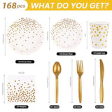 2 x Brand New 168 Pieces White and Gold Party Tableware Set Plates Napkins Cups Straws Spoons Forks Knives Party Accessories Paper Plates Set for Birthday Weddings Christmas-24 Guests - RRP €40.8