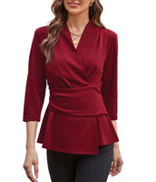 2 x RAW Customer Returns GRACE KARIN Women s Elegant Tops 3 4 Sleeve V-Neck Top Solid Color Slim Fit Shirt Blouse Work Business Top Tunic Red 2XL - RRP €68.52