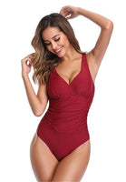 1 x RAW Customer Returns SHEKINI Women s One-Piece Swimsuit V Neck Ruched Tummy Control Swimwear Adjustable Backless Slim Beachwear M, Wine Red  - RRP €29.84