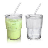 1 x RAW Customer Returns Maygone Crystal Glass Stripes Coffee Cups with Lid and Straw Drinking Bottles Mason Jar Iced Latte Water Juice Drinking Cup 400ml - RRP €18.14