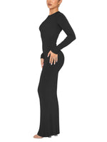 1 x RAW Customer Returns REORIA Women Sexy Long Dress Crew Neck Elegant Long Sleeve Ribbed Dress Black M - RRP €34.99