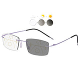 1 x RAW Customer Returns KOOSUFA Rimless Self-tinting Progressive Reading Glasses Progressive Multifocus Anti-Blue Light Photochromic Men Women Titanium Frameless with UV Protection Sun Reading Glasses 1x Purple 1.5 - RRP €29.23