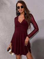 1 x RAW Customer Returns GORGLITTER Women s Mesh Sleeve Dresses A Line Deep V-Neck Elegant Mini Dress Mesh Party Dress Skater Dress Bordeaux S - RRP €37.3