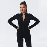 1 x RAW Customer Returns Litthing Women s Sportswear Long Sleeve Jumpsuit Sexy Tight Zipper Yoga Gym Clothing Zip Ribbed Sports Playsuit - RRP €35.99