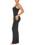 1 x RAW Customer Returns REORIA Sexy Lounge Maxi Dress Women Slip Elegant Sleeveless Ribbed Bodycon Maxi Dress for Wedding Guest Black S - RRP €35.45