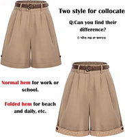 1 x Brand New Belle Poque Women s High Waist Casual Wide Leg Stretch Shorts with Belt and Pockets, Khaki-Plaid, S - RRP €21.6