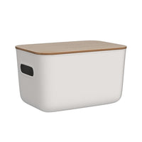 1 x RAW Customer Returns Kerhouze 2 Pack Storage Box with Lid Bamboo for Bathroom, Plastic Storage Basket, Stackable Small Storage Container with Handles for Kitchen Bedroom 26 17.8 15.5cm, 6.5L White  - RRP €26.81