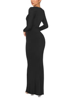 1 x RAW Customer Returns REORIA Women Sexy Long Dress Crew Neck Elegant Long Sleeve Ribbed Dress Black M - RRP €34.99