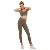 1 x RAW Customer Returns Ducomi ANA Fitness Set for Women, Leggings for the Gym, Top Push Up with Cups - Sports Suit Running, Yoga, Tennis and Gym - Slim Leggings and Sports Bra Brown, L  - RRP €29.99