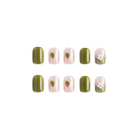 1 x Brand New Press on nails short, 24 pieces shiny green false nails heart fake nails with flowers and pearls for DIY nail art salon women girls - RRP €18.0