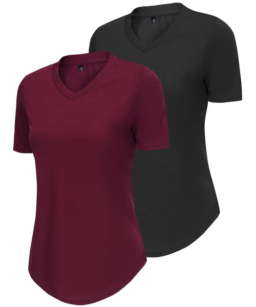 16 x Brand New DOTIN Pack of 2 Women s T-Shirt Plain Short Sleeve Basic Shirts V-Neck Summer Tops Women Tops, Black Wine Red, S - RRP €387.84