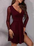 1 x RAW Customer Returns GORGLITTER Women s Mesh Sleeve Dresses A Line Deep V-Neck Elegant Mini Dress Mesh Party Dress Skater Dress Bordeaux S - RRP €37.3