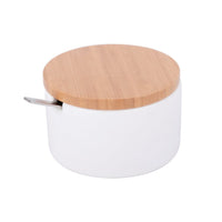 1 x RAW Customer Returns KOOK TIME ceramic sugar bowl with spoon and lid made of bamboo - sugar spoon for home and kitchen, modern spherical shape, for sugar, cheese, spices, 10 x 10 x 9 cm white round  - RRP €19.67