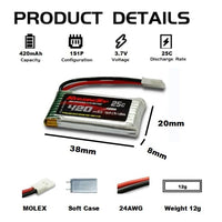 1 x RAW Customer Returns RoaringTop 1S 420mah 3.7V 25C Lipo Battery with Molex Plus with 5-in-1 Charger for Quadcopter Helicopter Drone Quadcopter FPV and RC Shark Boats, RC Electric Shark Dinosaur - RRP €18.73