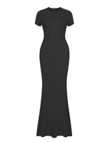 1 x RAW Customer Returns REORIA Women s Summer Sexy Casual Lounge Long Dress Elegant Wedding Guest Short Sleeve Round Neck Bodycon Maxi Dress Black M - RRP €33.01