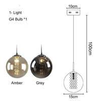 2 x Brand New Euone Clothes LED G4 Glass Ball Pendant Light with Crystal Tassels, Globe Hanging Lamp with Chrome Finish, Chandelier for Villas, Stairs, Living Room Amber, 1-Light  - RRP €99.98