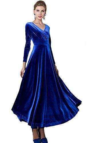 1 x RAW Customer Returns Urban GoCo Women Dresses Velvet Long Elegant V-Neck Long Sleeve Maxi Dresses for Cocktail Party XL, Royal Blue  - RRP €57.46