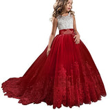 1 x RAW Customer Returns TTYAOVO Girls Floor Length Lace Princess Dress Girls Party Wedding Bridesmaid Dress Layered Puffy Tulle Dresses Size140 8-9 Years 406 Red - RRP €41.98