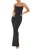 1 x RAW Customer Returns REORIA Sexy Lounge Maxi Dress Women Slip Elegant Sleeveless Ribbed Bodycon Maxi Dress for Wedding Guest Black S - RRP €35.45