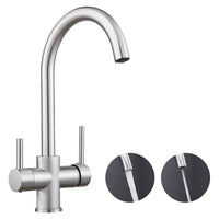 1 x RAW Customer Returns Maynosi 3-way kitchen faucet, 3 in 1 mixer tap for water filter, drinking water tap with 2 levers, with 3 hoses 50cm and 1 2 adapters, brass brushed nickel  - RRP €61.98