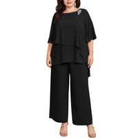 1 x RAW Customer Returns Hanna Nikole Pantsuit Women s Large Sizes Cape Sleeve Zip Rhinestones Loose Round Neck Wide Leg Pants Chiffon Comfortable Lined Festival Summer Elegant High Waist Black 52 - RRP €72.1