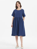 1 x RAW Customer Returns FTCayanz Women s Linen Summer Dresses Round Neck Short Sleeve Midi Dress with Double Pockets Navy XL - RRP €30.24