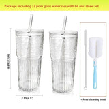 1 x RAW Customer Returns Maygone 2 Pack Clear Striped Glass Water Cups with Lid and Straw Bubble Tea Cups Juice Milk Drinking Cups Travel Mugs 570ml - RRP €20.16