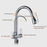 1 x RAW Customer Returns Onyzpily Chrome Pure Water Kitchen Faucet with Pull Out Double Handle Hot and Cold Drinking Water 3 Way Filter Kitchen Mixer Taps - RRP €75.64