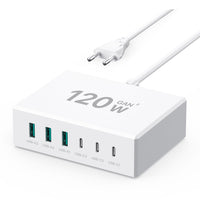 1 x RAW Customer Returns USB C Charger 120W GaN, Multiple USB Charger 3USB-C 3USB-A PD Charger, 6 Port USB C Charging Station Compatible with iPhone Samsung Google Tablet Mobile Power and Other USB Devices White  - RRP €27.13