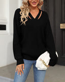 1 x RAW Customer Returns Cicy Bell Sweaters for Women V-Neck Hollow Out Tops Long Sleeve Casual Knitted Tops Black L - RRP €33.82