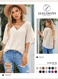 1 x RAW Customer Returns Elegancity Beige Blouse Women Chiffon Shirt V Neck Tunic Trumpet Sleeves Short Sleeve with Ruffle Elegant Solid Color Summer Blouses M - RRP €28.99