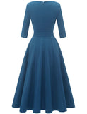 1 x RAW Customer Returns DRESSTELLS women s cocktail dress confirmation dresses festive party dresses midi-length cocktail dress evening dress with belt retro long-sleeved pleated skirt grey blue 2XL - RRP €38.34