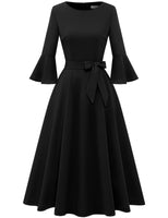 1 x RAW Customer Returns Homrain Women s 50s Dresses Midi Round Neck Formal Dress Vintage Wedding Dress with Belt Black L - RRP €43.99