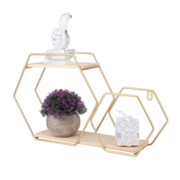 2 x Brand New Tomotato Wall Mounted No Punch Shelves, Hanging Floating Storage Rack Display Storage Rack with 2 Hexagonal Shelves for House Home Office Decoration Gold  - RRP €60.0