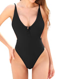 2 x RAW Customer Returns SHEKINI Women s One Piece Swimsuit V Neck Adjustable Front Buttons Monokini Backless High Cut Brazilian Thong Beach Bathing Suits S, Black  - RRP €57.84