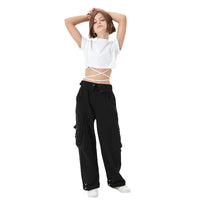 1 x RAW Customer Returns Rolanko Baggy Cargo Pants for Girls, Elastic Waist with Multiple Pockets Wide Leg Cargo Pants for Kids, Black, Size 160 11-12 Years - RRP €34.99