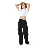 1 x RAW Customer Returns Rolanko Baggy Cargo Pants for Girls, Elastic Waist with Multiple Pockets Wide Leg Cargo Pants for Kids, Black, Size 160 11-12 Years - RRP €34.99