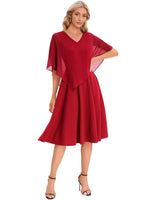 1 x RAW Customer Returns DRESSTELLS Women s Formal Dresses for Women Plus Size Chiffon Cape Elegant Cocktail Dress Wedding V-Neck Knee-Length A-Line Summer Dress Red XL 14PLUS - RRP €53.21