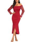 1 x RAW Customer Returns Geahod Evening Dress for Women Elegant Off Shoulder Sheer Mesh Sleeve Cocktail Dress Wrap Slit Bodycon Maxi Dress Wedding Dress Red XXL - RRP €27.6