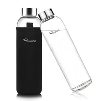 1 x RAW Customer Returns Ryaco 1 Liter Glass Water Bottle, 33 oz Reusable Water Bottle, BPA Free Non-Slip Neoprene Protection Carry Sleeve and Sponge Brush 1L, Black  - RRP €16.99